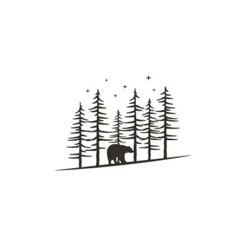 Vintage hand drawn forest concept with bear. Black monochrome design for prints Stock Illustration