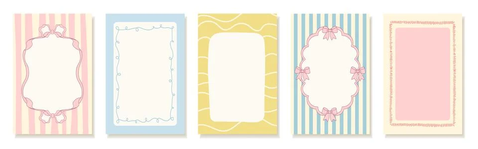 Vintage hand drawn frames with lines, ribbons, and swirls. Colorful minimal.. Stock Illustration