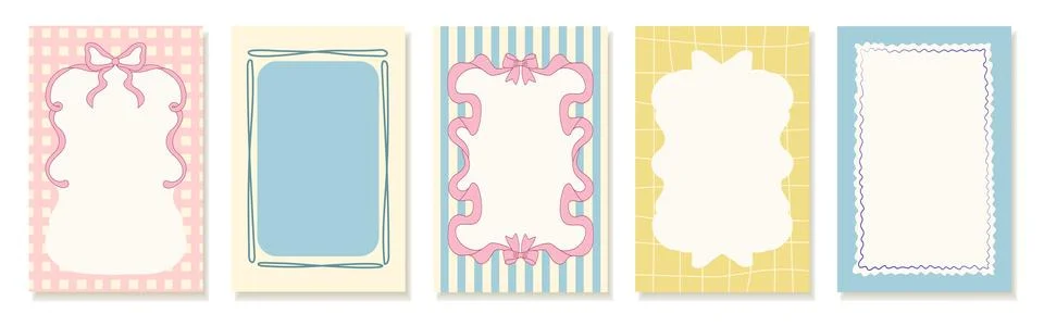 Vintage hand drawn frames with lines, ribbons, and swirls. Colorful minimal.. Stock Illustration