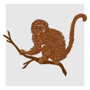Vintage hand-drawn illustration of a monkey on a branch, executed in a sketch Stock Illustration