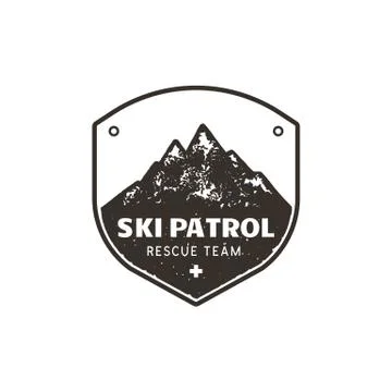 Vintage hand drawn mountain ski patrol emblem. Rescue team patch. Mountains Stock Illustration