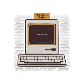 Vintage Hand Drawn Personal Computer With Keyboard. Old classic pc with sign - Stock Illustration