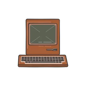 Vintage Hand Drawn Personal Computer With Keyboard. Old classic pc with sign - Stock Illustration