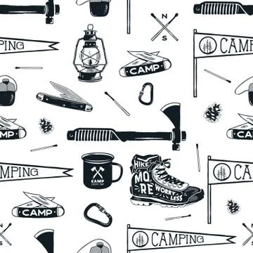 Vintage Hand drawn seamless pattern with camping equipment, gear. Axes, camp Stock Illustration