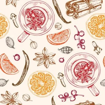 Vintage hand drawn seamless pattern with mulled wine Stock Illustration