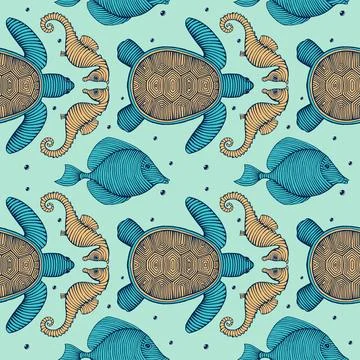 Vintage Hand drawn Seamless pattern with sea creatures. Sea life background. Dec Stockillustratie