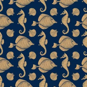 Vintage Hand drawn Seamless pattern with sea creatures. Sea life background. Dec Stock Illustration