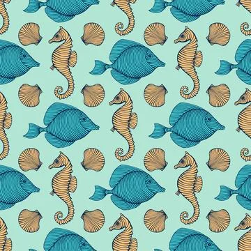 Vintage Hand drawn Seamless pattern with sea creatures. Sea life background. Dec Stock Illustration