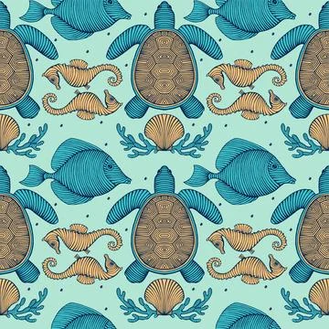 Vintage Hand drawn Seamless pattern with sea creatures. Sea life background. Dec Stock-Illustration