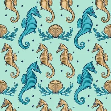 Vintage Hand drawn Seamless pattern with sea creatures. Sea life background. Dec Illustrazione stock