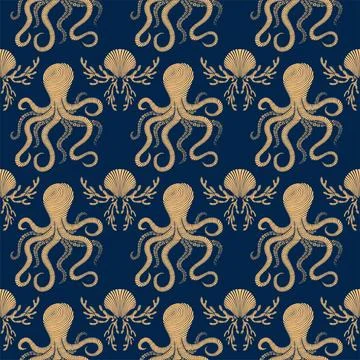 Vintage Hand drawn Seamless pattern with sea creatures. Sea life background. Dec Stockillustratie