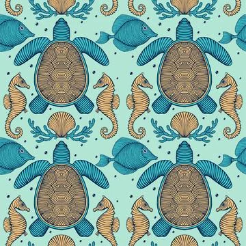 Vintage Hand drawn Seamless pattern with sea creatures. Sea life background. Dec Illustrazione stock