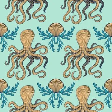 Vintage Hand drawn Seamless pattern with sea creatures. Sea life background. Dec Stock Illustration