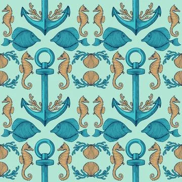 Vintage Hand drawn Seamless pattern with sea creatures. Sea life background. Dec Stock-Illustration