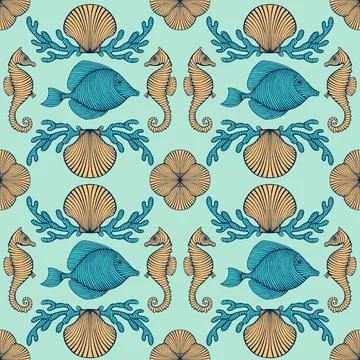 Vintage Hand drawn Seamless pattern with sea creatures. Sea life background. Dec Stock Illustration