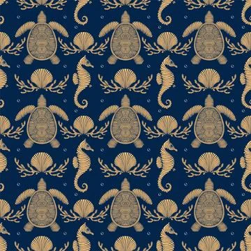 Vintage Hand drawn Seamless pattern with sea creatures. Sea life background. Dec Stock Illustration