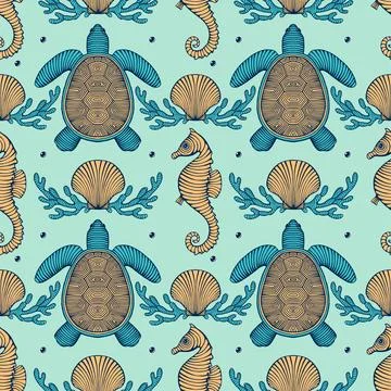 Vintage Hand drawn Seamless pattern with sea creatures. Sea life background. Dec Stock Illustration