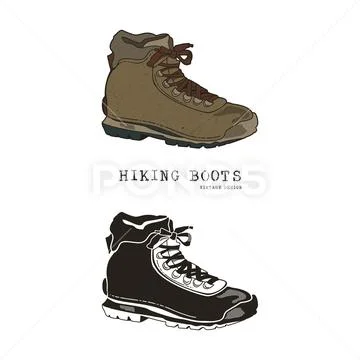 Vintage hand drawn travel boots in retro color and monochrome style. Hiking Stock Illustration