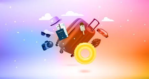 Vintage handbag with different vacation stuff. Levitation effect. 3d vector b Stock-Illustration