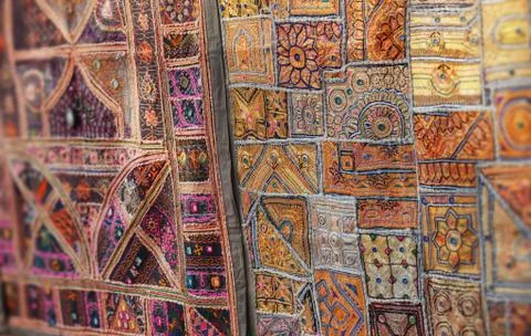 Vintage Handmade Patchwork Tapestry Wall Hanging on open market in India Stock Photos