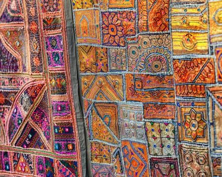Vintage Handmade Patchwork Tapestry Wall Hanging on open market in India Stock-Fotos