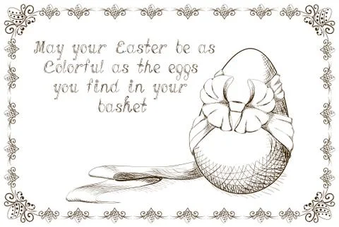 Vintage happy easter postcard with egg in ribbon. イラスト素材