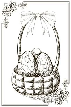Vintage happy easter postcard with eggs in the basket. 스톡 일러스트