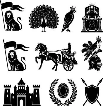 Vintage heraldic emblems set with lions throne castle silhouettes 스톡 일러스트