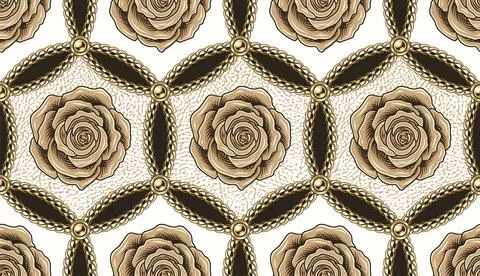 Vintage hexagonal pattern with chains, roses Stock Illustration