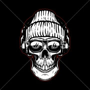 Vintage hipster skull in sunglasses and headphones. Design element for poster Stock Illustration