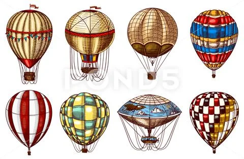 Vintage hot air balloons. Cute flying retro transport for summer holidays Stock Illustration