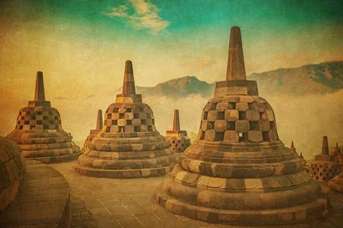 Vintage image of Borobudur temple, Java, Indonesia.. Stock-Fotos
