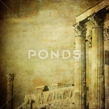 Vintage image of greek columns, acropolis, athens, greece Stock Photos