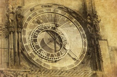 Vintage image of prague astronomical clock, orloj,  in the old town of prague Stock Illustration