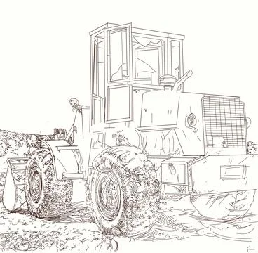 Vintage image of tractor working on the construction site. Vector illustration. Stock Illustration