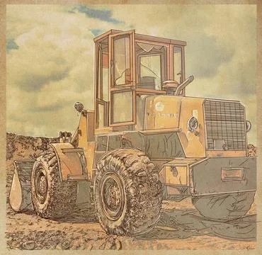 Vintage image of tractor working on the construction site. Vector illustration. Stock-Illustration