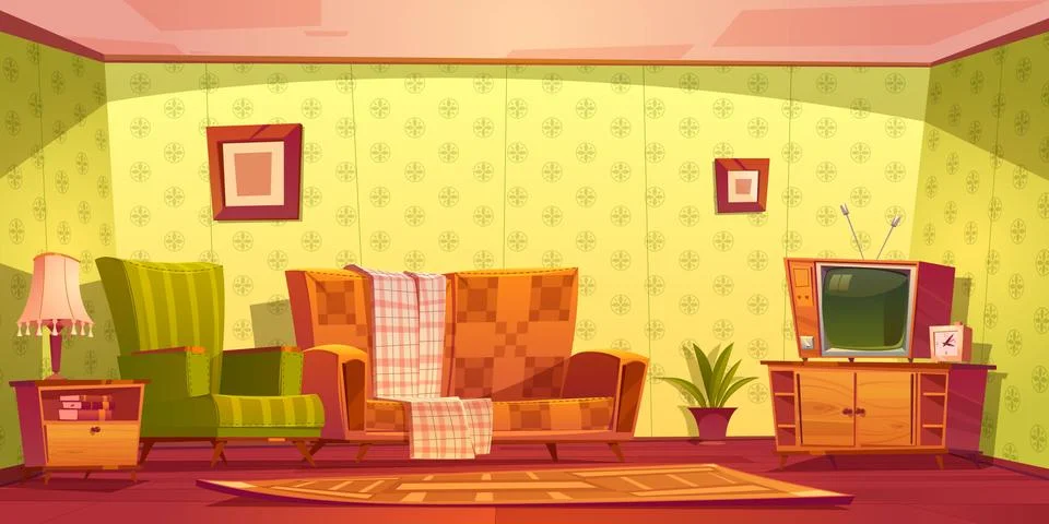 Vintage interior of living room with couch and tv Stock Illustration