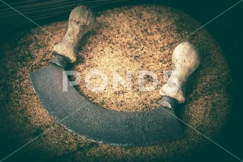 Vintage iron and wood herb chopper. Stock Photos