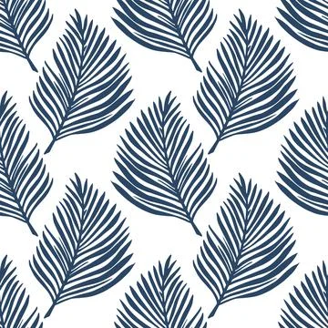 Vintage isolated seamless pattern with doodle navy blue fern leaf silhouettes Stock Illustration