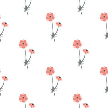 Vintage isolated seamless pattern with pink simple anemone flowers shapes. Wh Stockillustratie