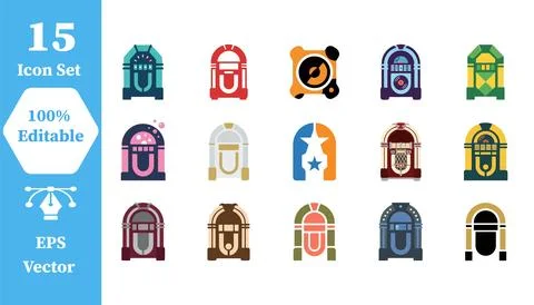 Vintage jukebox icon collection featuring retro music machines, old fashioned Stock Illustration