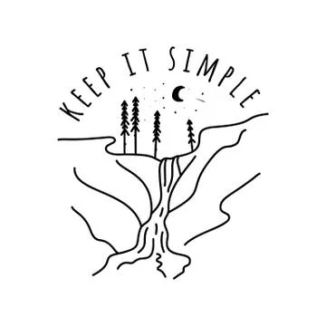 Vintage keep it simple camp logo design. Outdoor adventure waterfall line art Stock Illustration