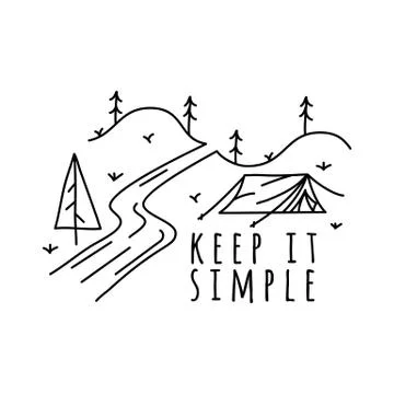 Vintage keep it simple logo design. Outdoor adventure line art scene, hiking Illustrazione stock