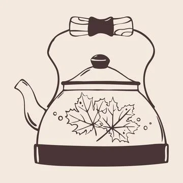 Vintage Kettle with Handle and Maple Leaf Pattern. Hand Drawn Doodle Style Te イラスト素材