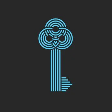 Vintage key logo patterned monogram from interweaving of blue thin lines, hom Stock Illustration