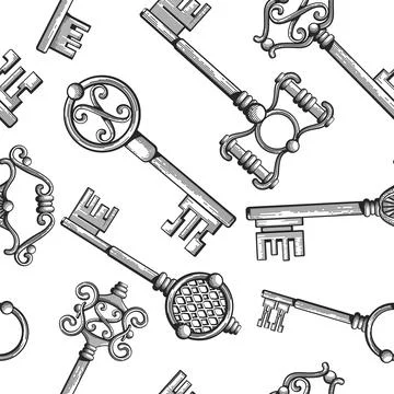 Vintage keys seamless pattern. Engraved victorian drawing Stock Illustration