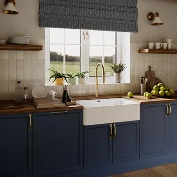 Vintage kitchen blue. A large window with light blue curtains. 3D Render イラスト素材