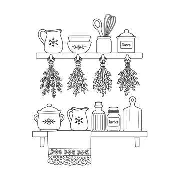 Vintage Kitchen Embroidery Pattern 2, Rustic Herb Shelf Hoop Art Stock Illustration