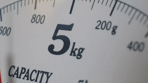 Vintage kitchen scale, classic metallic kitchenware with white display. Видео 129558723