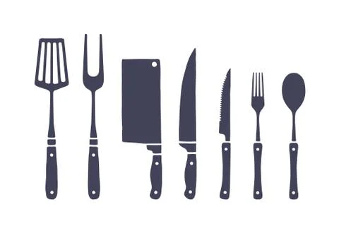 Vintage kitchen set. Set of meat cutting knife, fork, spoon Stockillustratie